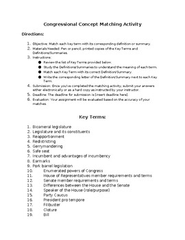 Preview of AP Government Unit Two: Congressional Concept Matching Activity