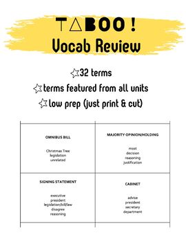 Preview of AP Government Vocabulary TABOO! Exam Review Game
