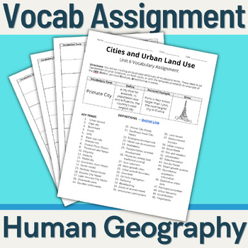 Preview of AP Human Geography - Vocab Assignment (Unit 6: Cities and Urban Land Use)