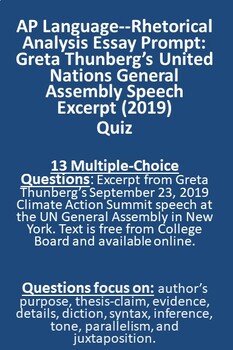 Preview of AP Language Rhetorical Analysis: Greta Thunberg UN Speech Excerpt-Quiz