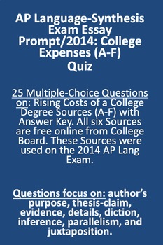 Preview of AP Language Synthesis Prompt: Rising College Expenses Sources (A-F)-Quiz