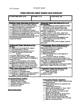 Preview of AP Language- Timed Writing Grading Rubric and Grading Checklist (6 Point Scale)
