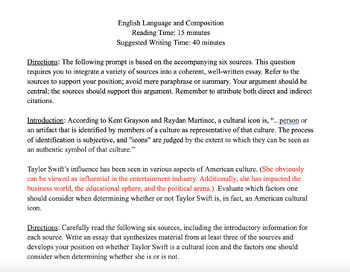 Preview of AP Language and Composition Synthesis Prompt-Is Taylor Swift a Cultural Icon?