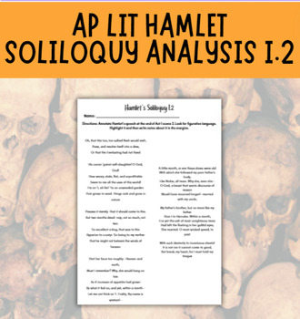 Preview of AP Lit Hamlet Act 1 Hamlet's Soliloquy Analysis Activity