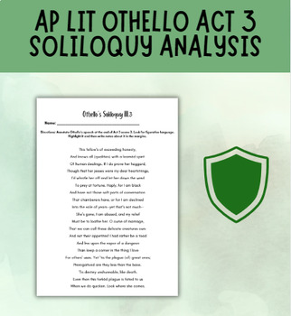 Preview of AP Lit Othello Act 3 Othello's Soliloquy Analysis Activity