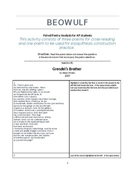 Preview of AP Literature Beowulf Paired Poems - A close reading activity