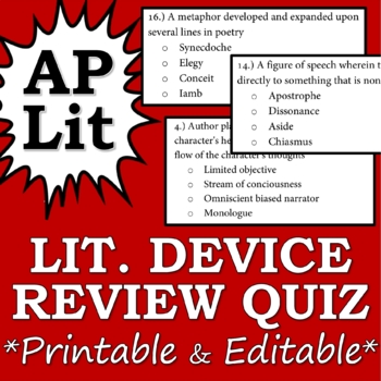 Preview of AP Literature Literary Term Review (MCQ Quiz for Tests or Games)
