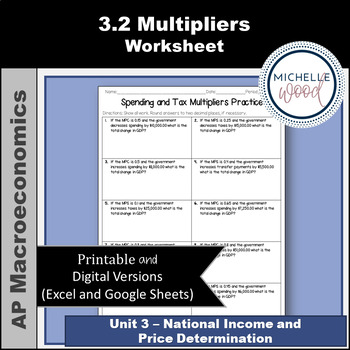Preview of AP Macro Macroeconomics 3.2 Multipliers Practice Worksheet | Print and Digital