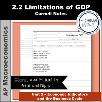 Preview of AP Macro 2.2 Limitations of GDP Cornell Notes | Print and Digital