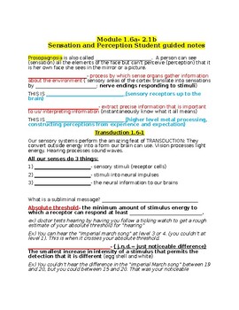 Preview of AP Psych: 4th edition Myers Module 1.6a-2.1b Sensation/Perception Student Notes