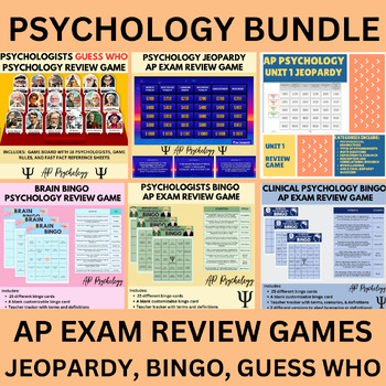 Preview of AP Psychology Exam Review Game Bundle of 6 Games: Jeopardy, Bingo, Guess Who