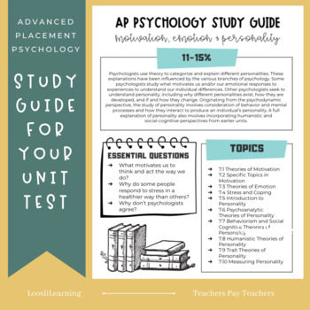 Preview of AP Psychology Study Guide | Motivation, Emotion & Personality