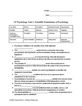 Preview of AP Psychology Unit 1: Scientific Foundations of Psychology Quiz/Worksheet