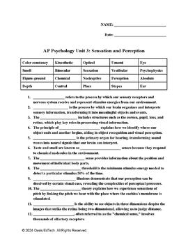Preview of AP Psychology Unit 3: Sensation and Perception Quiz/Worksheet