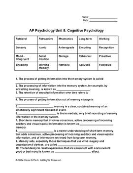 Preview of AP Psychology Unit 5: Cognitive Psychology Quiz/Worksheet