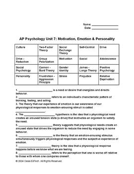 Preview of AP Psychology Unit 7: Motivation, Emotion, and Personality Quiz/Worksheet
