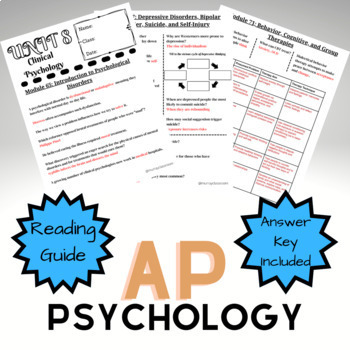 Preview of AP Psychology Unit 8: Clinical Psychology Reading Guide Myers 3rd Edition