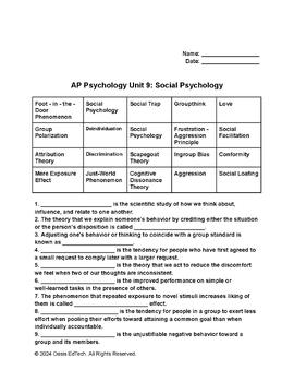 Preview of AP Psychology Unit 9: Social Psychology Quiz/Worksheet