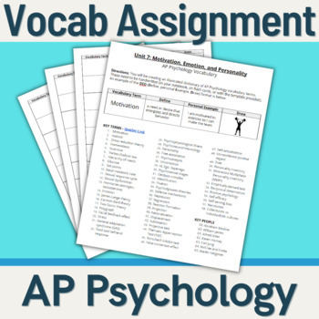 Preview of AP Psychology - Vocabulary Assignment (Unit 7: Motivation, Emotion, Personality)