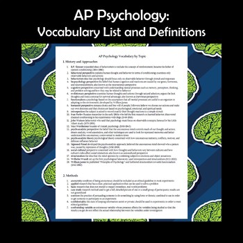 Preview of AP Psychology Vocabulary List and Definitions