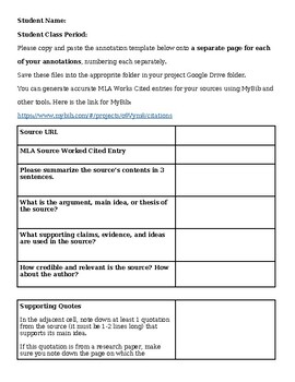 Preview of AP Seminar Research Annotation Template