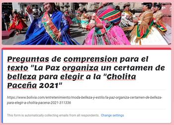 Preview of AP Spanish / Spanish 3 Reading comprehension: Miss Cholita Bolivia