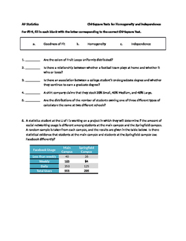 Preview of AP Statistics - Chi-Squared Problems with Key (Independence and Homogeneity)