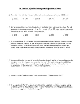 AP Statistics: Hypothesis Testing with Proportions Homework/Worksheets