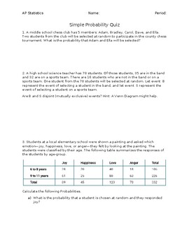 Preview of Statistics Simple Probability Quiz