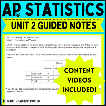 Preview of Goldie’s Unit 2 Exploring Two Variable Data GUIDED NOTES for AP® Statistics