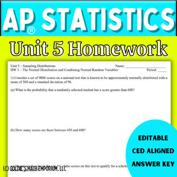 Preview of Goldie’s Unit 5 Homework for AP® Statistics