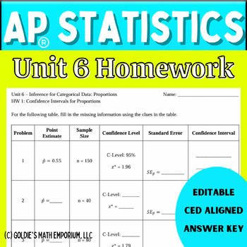 Preview of Goldie’s Unit 6 Inference for Proportions Homework for AP® Statistics