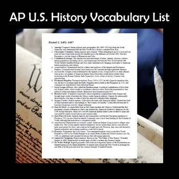 Preview of AP U.S. History APUSH Vocabulary List