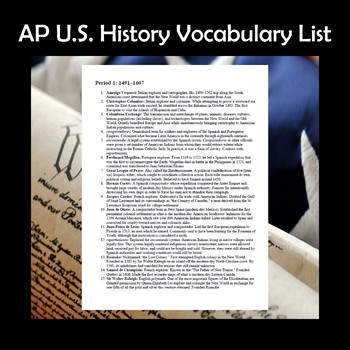 Preview of AP U.S. History APUSH Vocabulary List - Test Prep - End of the Year Review