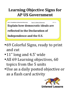 Preview of AP US Government: 69 Colorful Learning Objective Signs