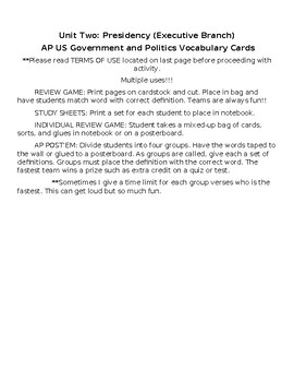 Preview of AP US Government & Politics Unit Two: Executive Branch Vocabulary Review Game