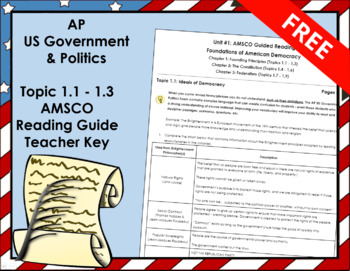 Preview of AP US Government Topic 1.1-1.3 AMSCO Reading Guide - Teacher Key