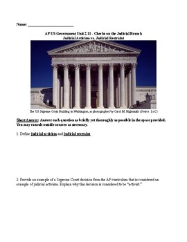 Preview of AP® US Government Unit 2.11 - Checks on the Judicial Branch-Restraint & Activism