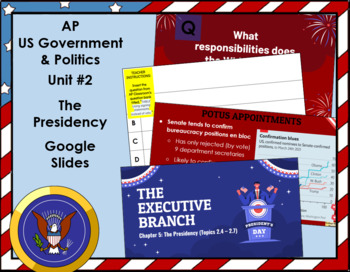 Preview of AP US Government Unit #2 Executive Branch - The Presidency AMSCO Google Slides