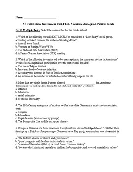 Preview of AP®US Government Unit 4 Test - American Ideologies & Political Beliefs (MC Only)