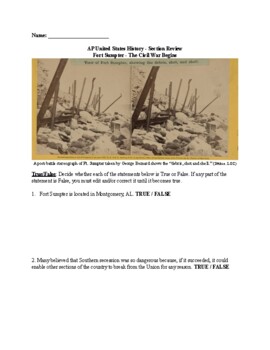 Preview of AP® US History - The Battle of Ft. Sumpter (True/False Worksheet)