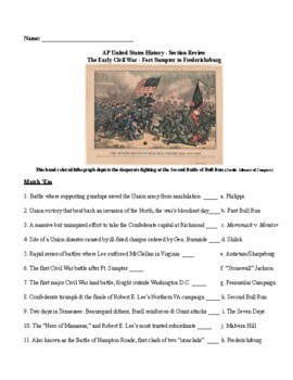 Preview of AP® US History - The Civil War From Ft. Sumpter to Fredericksburg (Match 'Em)