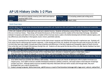 Preview of AP US History Units 1 and 2 Overview