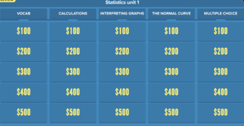 Preview of AP stats Unit 1 review jeopardy-style game