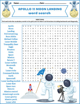Preview of APOLLO 11 MOON LANDING Word Search Puzzle Activity Worksheet ⭐Color & B/W⭐