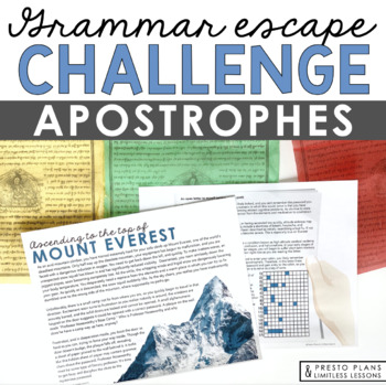 Preview of Apostrophes Punctuation Grammar Activity Escape Room Challenge, Slides, & Quiz