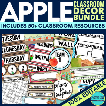 Preview of APPLE Classroom Decor Bundle Theme Farmhouse Apple Orchard Decorations Editable