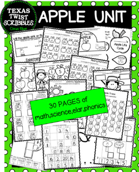 Preview of APPLE UNIT with math,science,literacy {Texas Twist Scribbles}