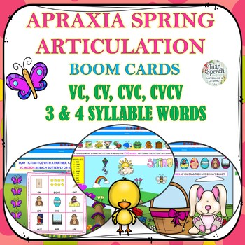 Preview of APRAXIA SPRING BOOM CARDS BOOM CARDS™- VC, CV, CVC, CVCV, & 3 & 4 SYLL