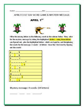 Preview of APRIL FOOLS'  DAY WORD GAME & MYSTERY MESSAGE;  GRS. 4-8, ELA